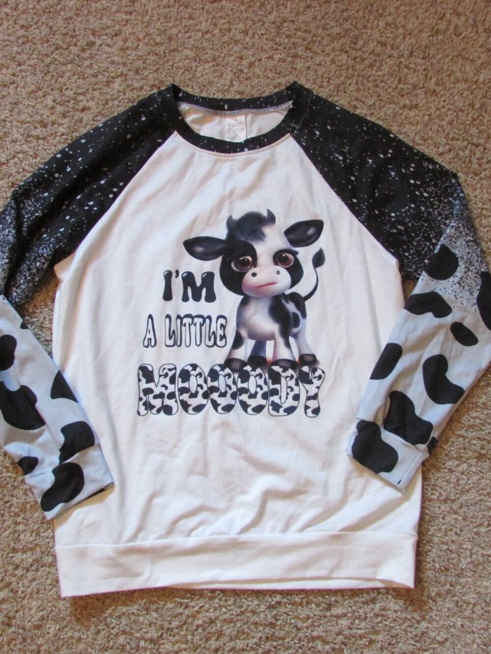 NWOT I'M A Little Moody Black White Cow Crew Neck Long Sleeve T-Shirt Medium